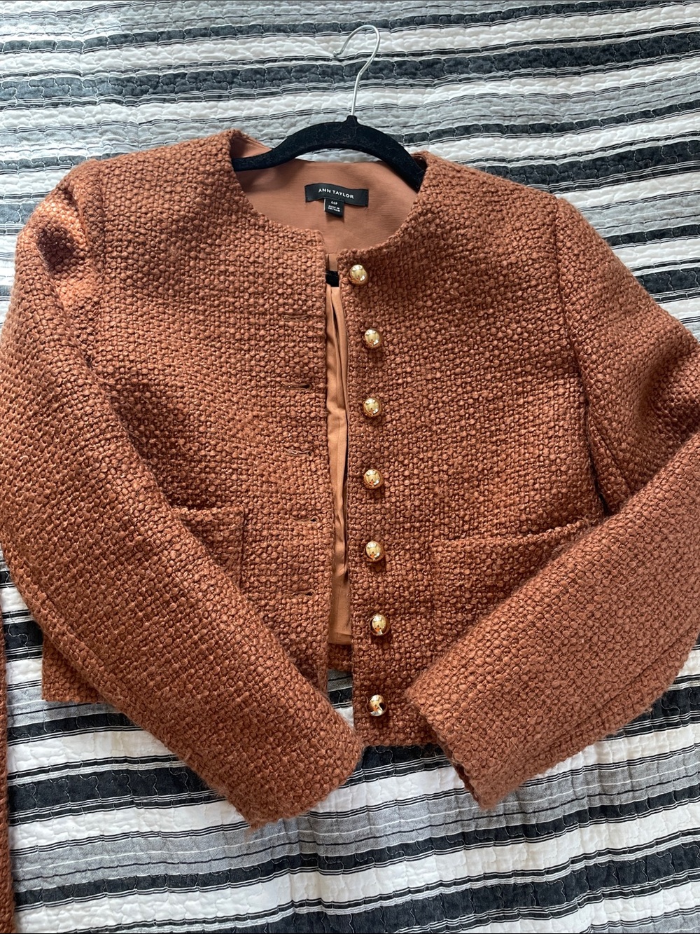 Ann Taylor Copper Bouclé Collarless Jacket with Gold Buttons and matching Skirt